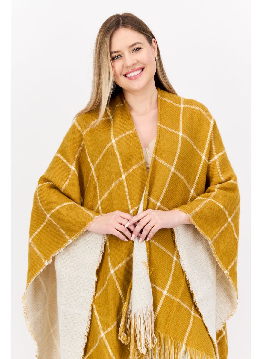 Women Checkered Belted Poncho Sweater, Mustered