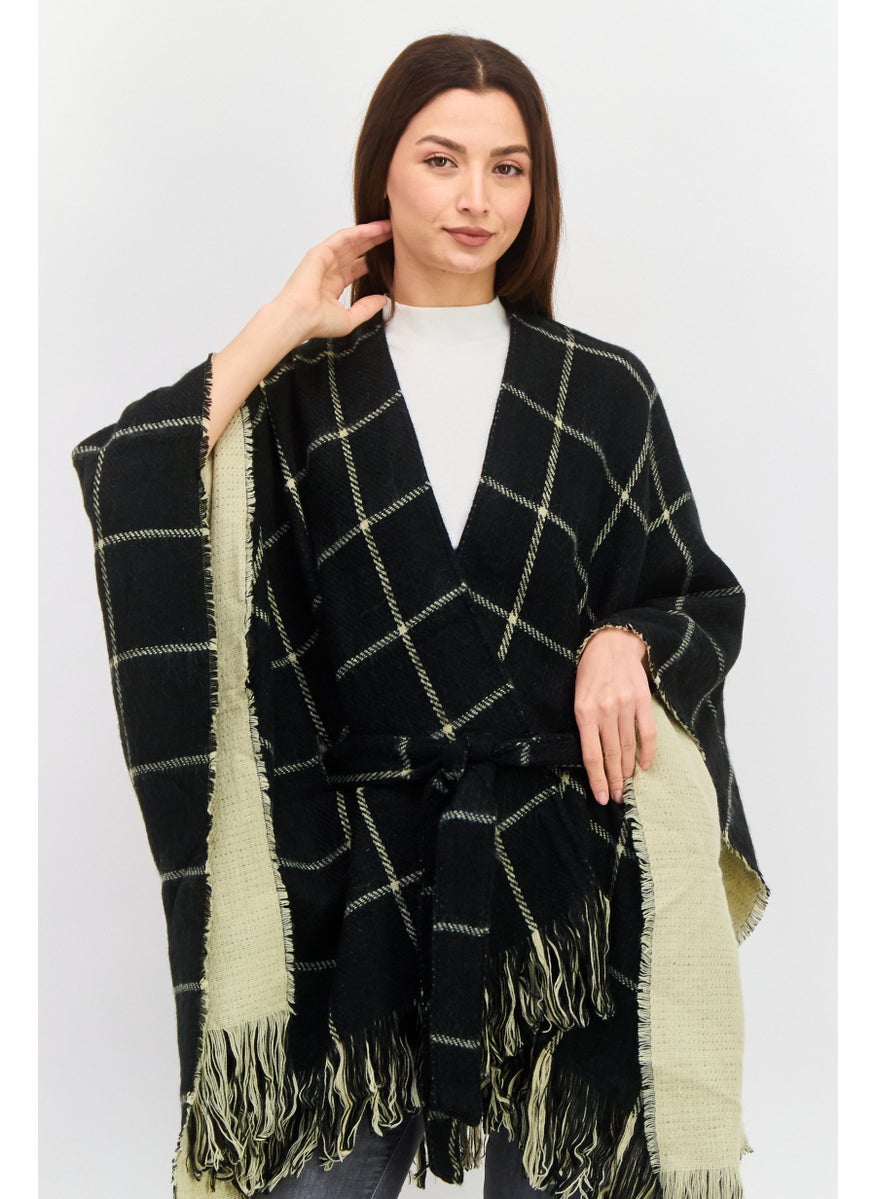 Women Checkered Belted Poncho Cardigan, Black Combo
