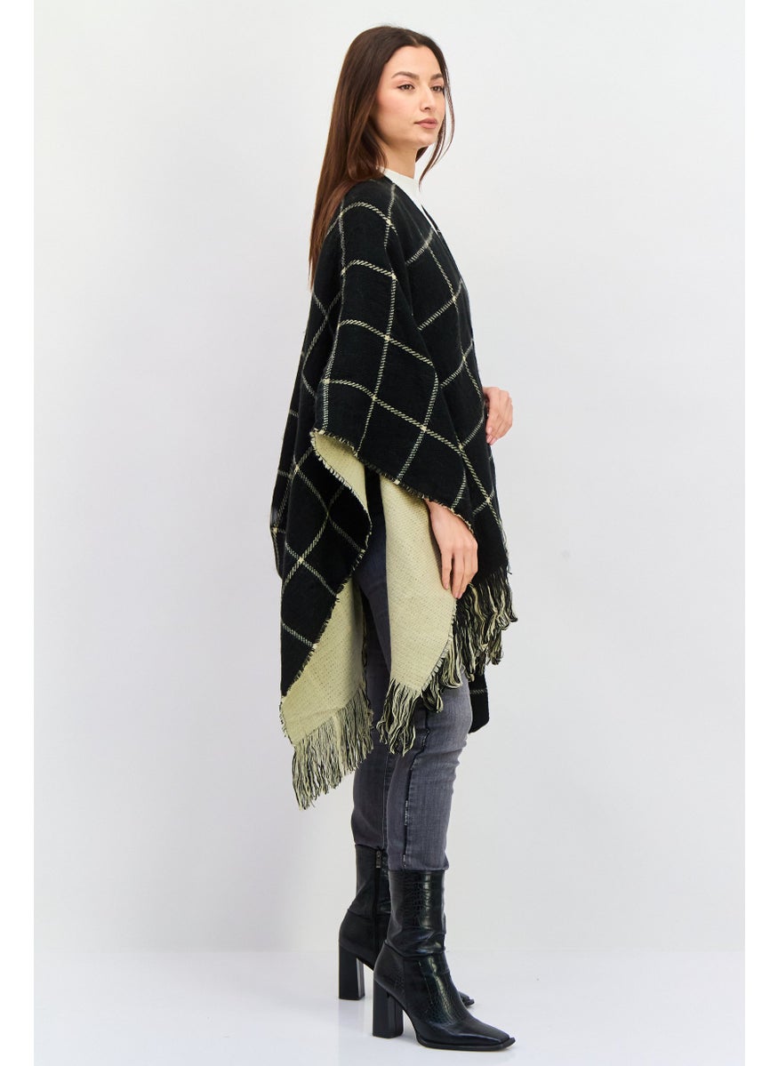 Women Checkered Belted Poncho Cardigan, Black Combo