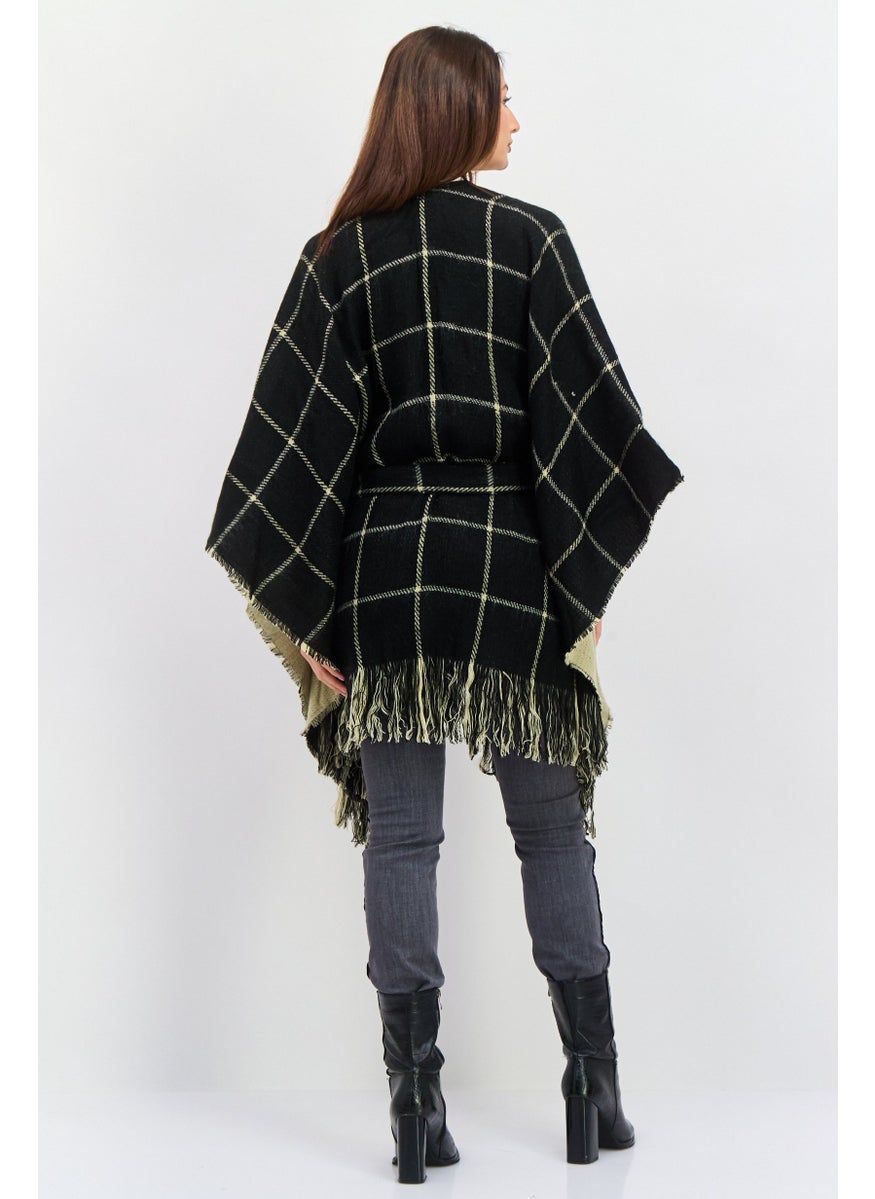 Women Checkered Belted Poncho Cardigan, Black Combo