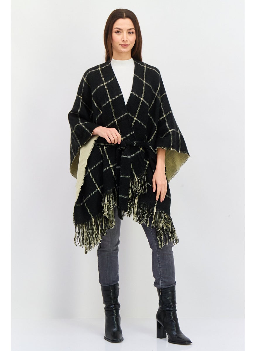 Women Checkered Belted Poncho Cardigan, Black Combo