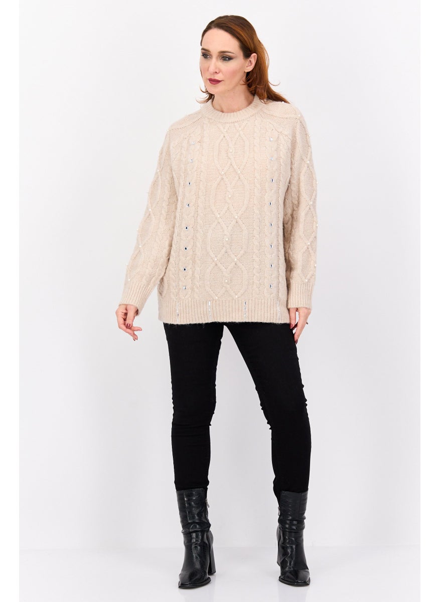 Women Crew Neck Long Sleeve Textured Sweater, Beige