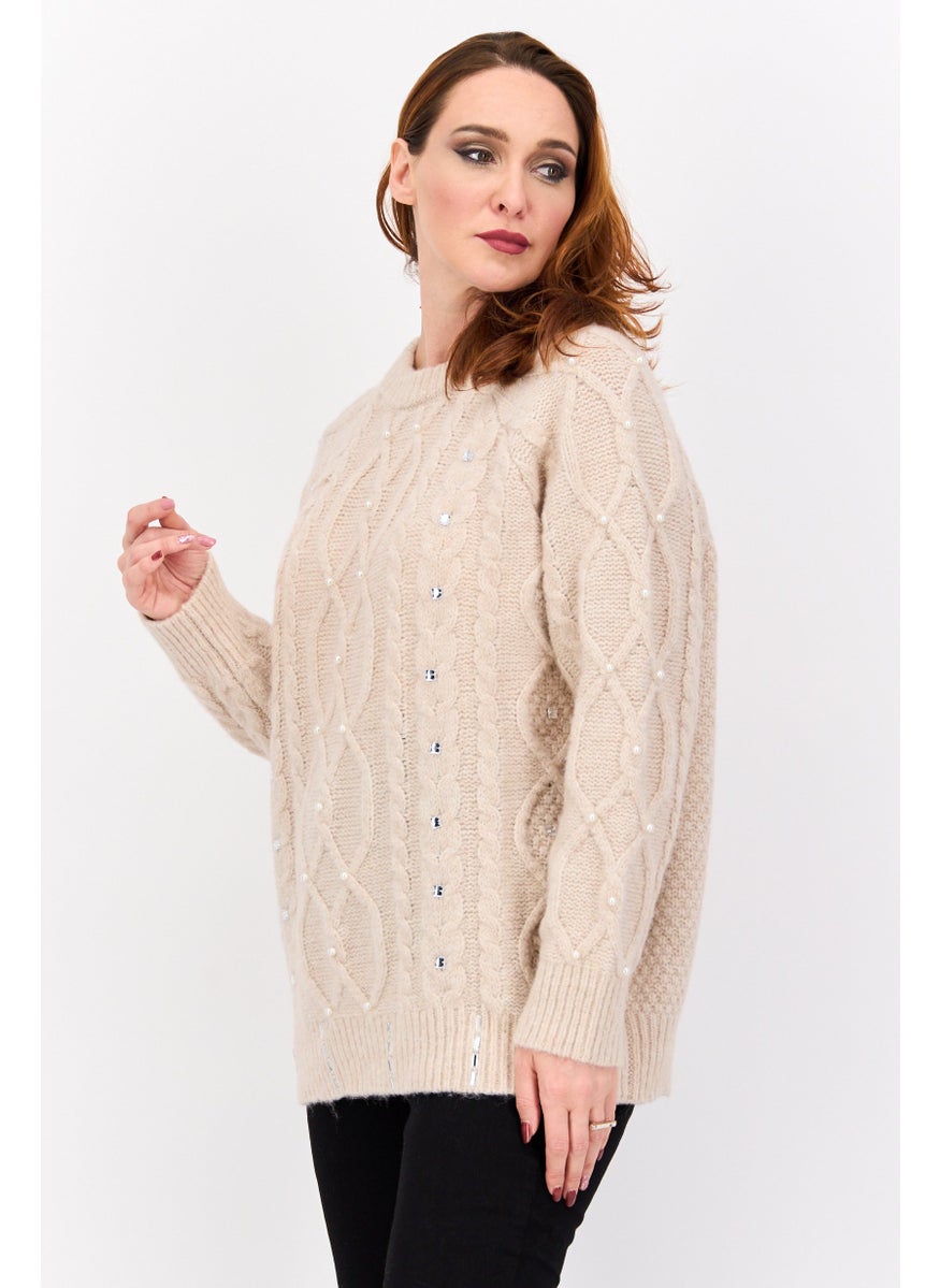 Women Crew Neck Long Sleeve Textured Sweater, Beige