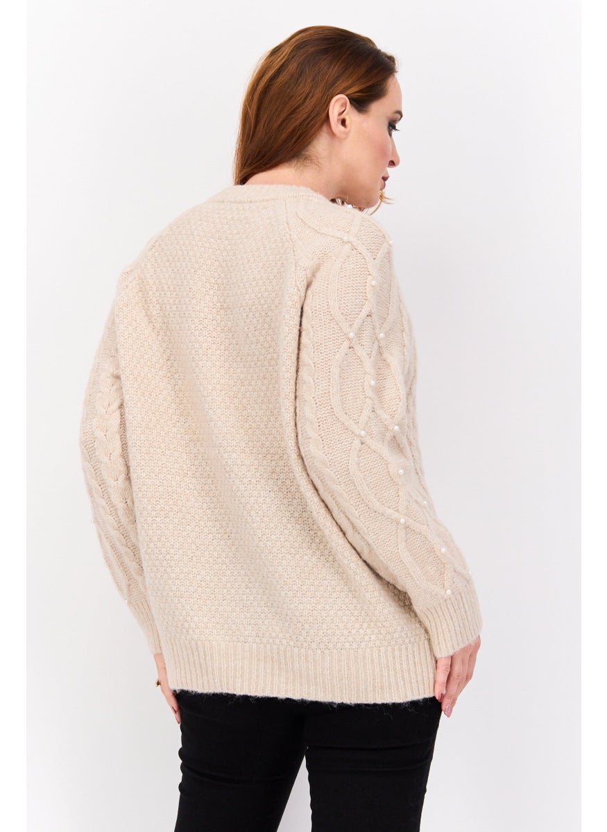 Women Crew Neck Long Sleeve Textured Sweater, Beige