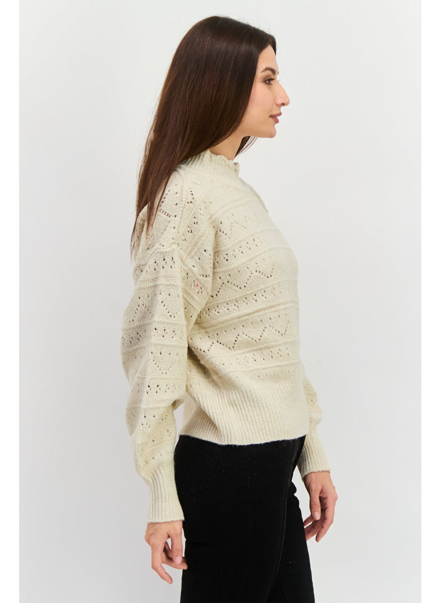 Women High Neck Knitted Sweater, Beige