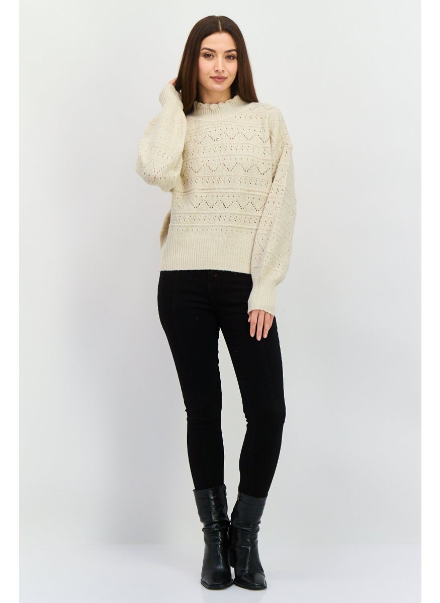 Women High Neck Knitted Sweater, Beige