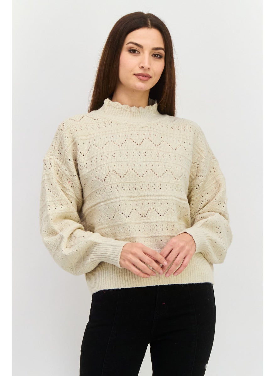 Women High Neck Knitted Sweater, Beige