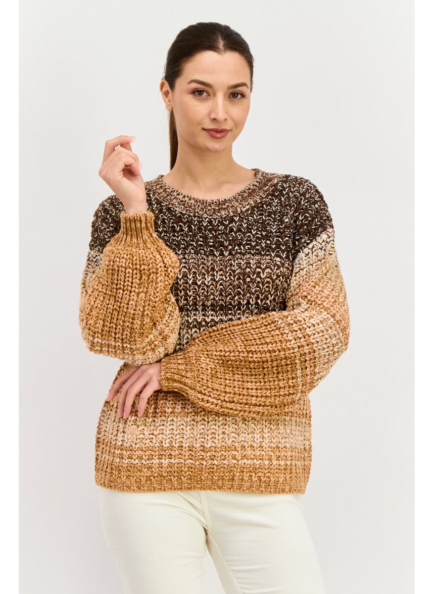 Women Crew Neck Long Sleeves Knitted Sweater, Brown Combo