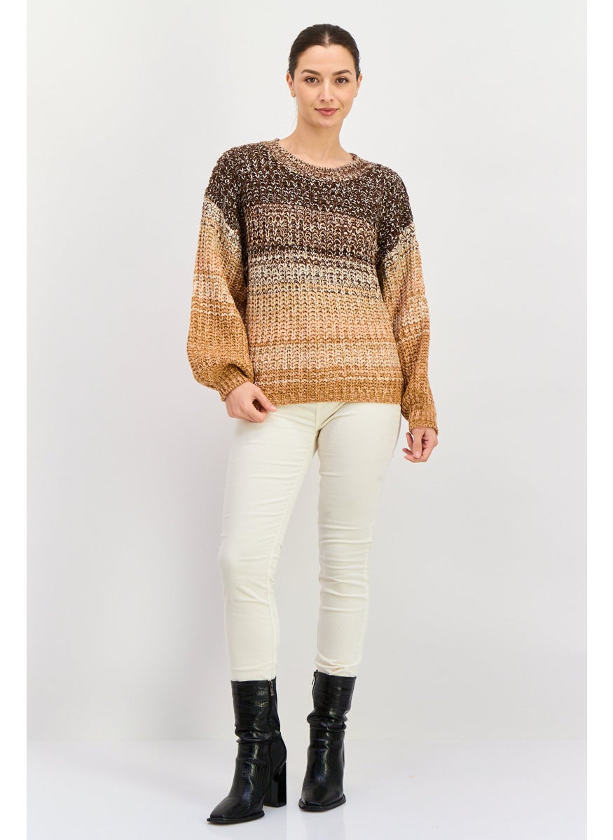 Women Crew Neck Long Sleeves Knitted Sweater, Brown Combo