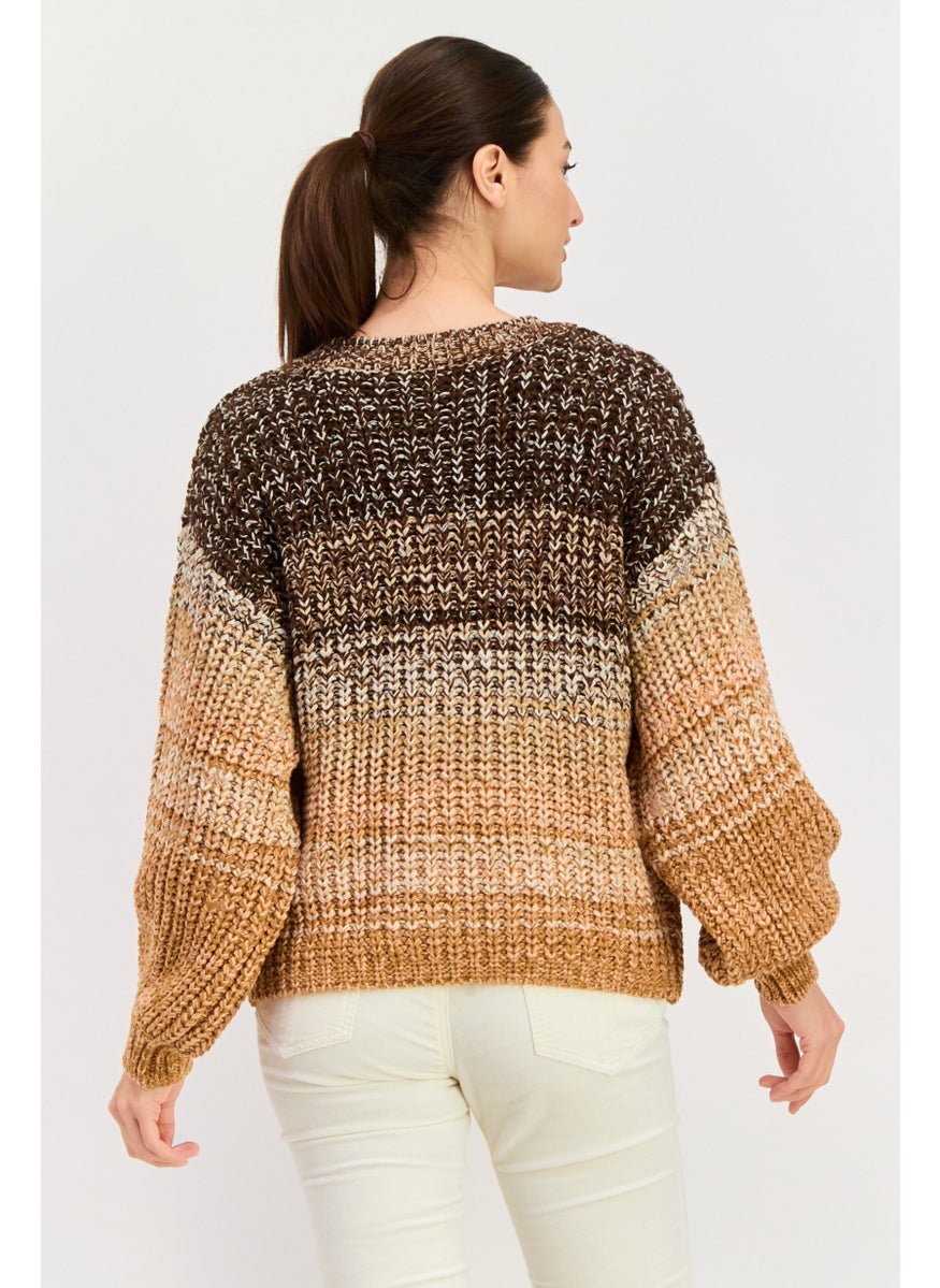 Women Crew Neck Long Sleeves Knitted Sweater, Brown Combo