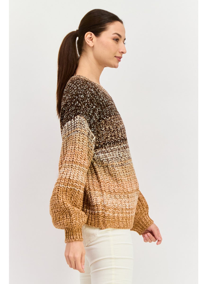 Women Crew Neck Long Sleeves Knitted Sweater, Brown Combo