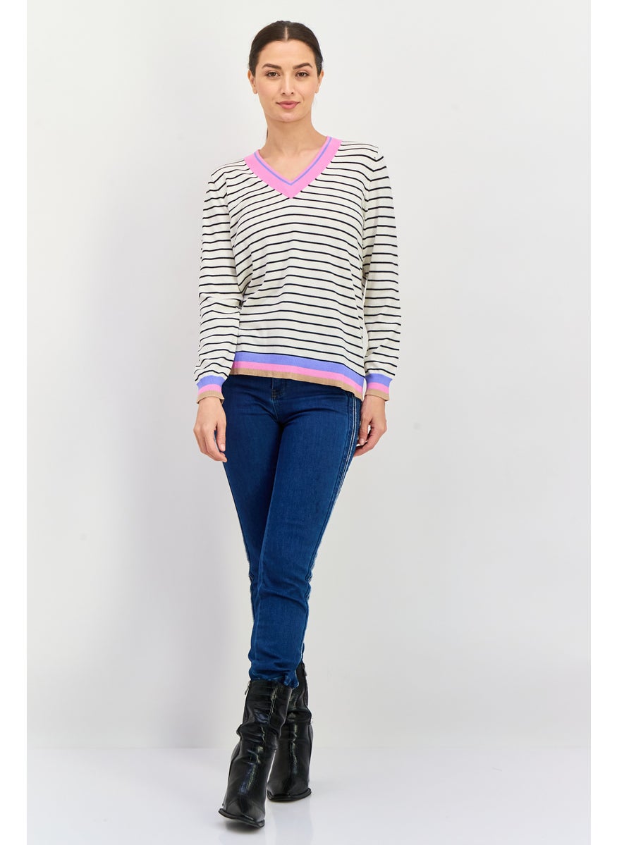 Women V Neck Stripe Print Long Sleeves Sweater, White