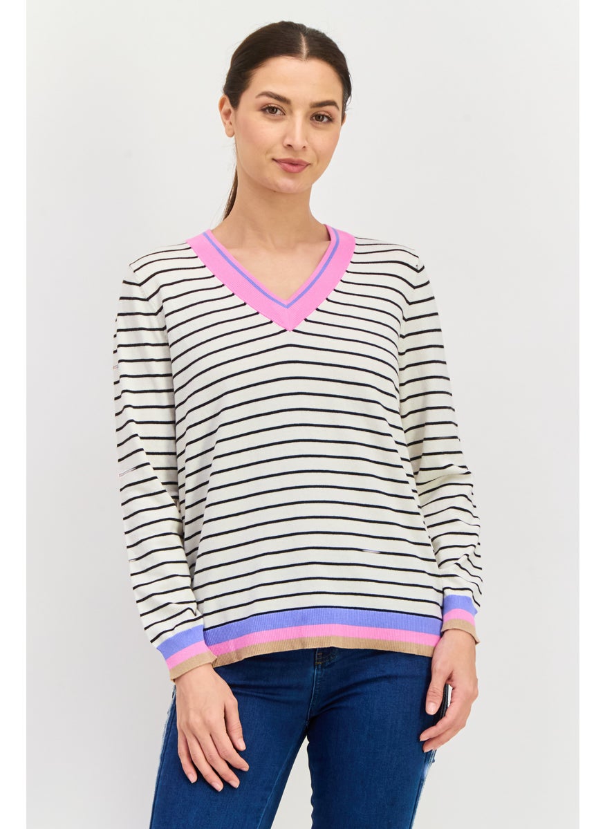 Women V Neck Stripe Print Long Sleeves Sweater, White