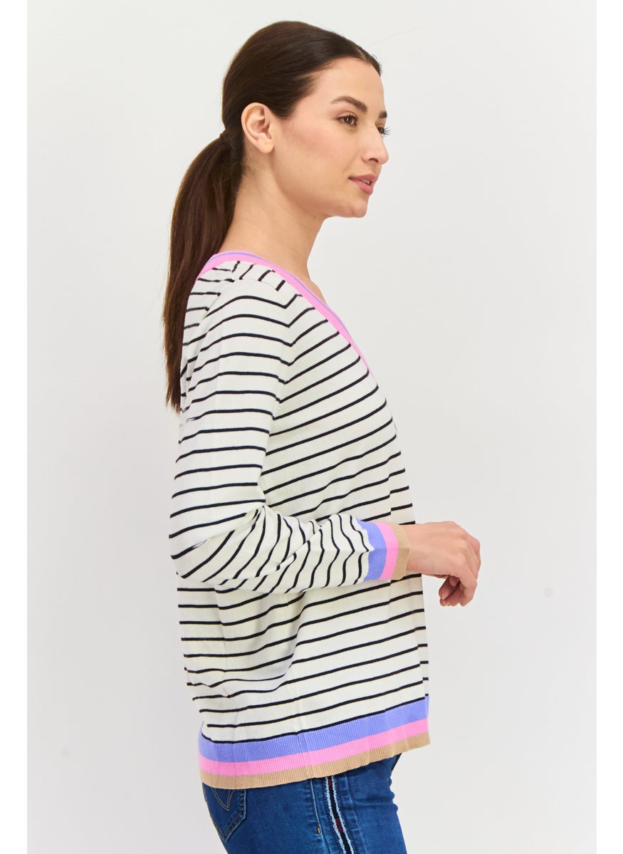 Women V Neck Stripe Print Long Sleeves Sweater, White