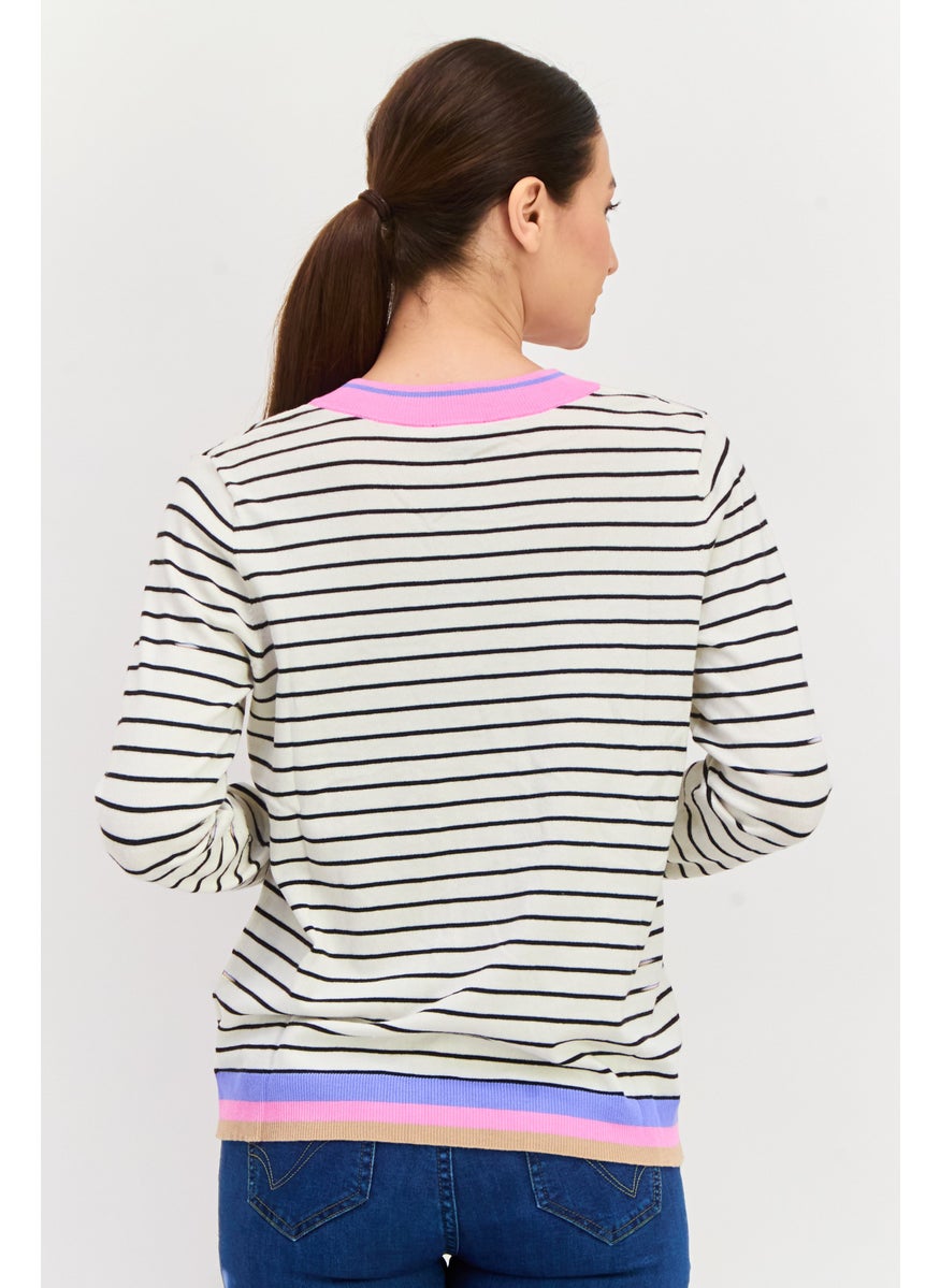Women V Neck Stripe Print Long Sleeves Sweater, White