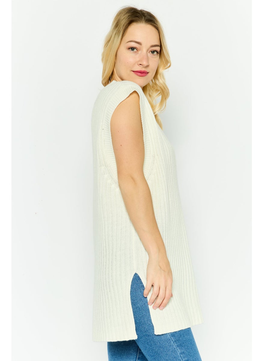 Women V-Neck Textured Sweater Vest, Beige