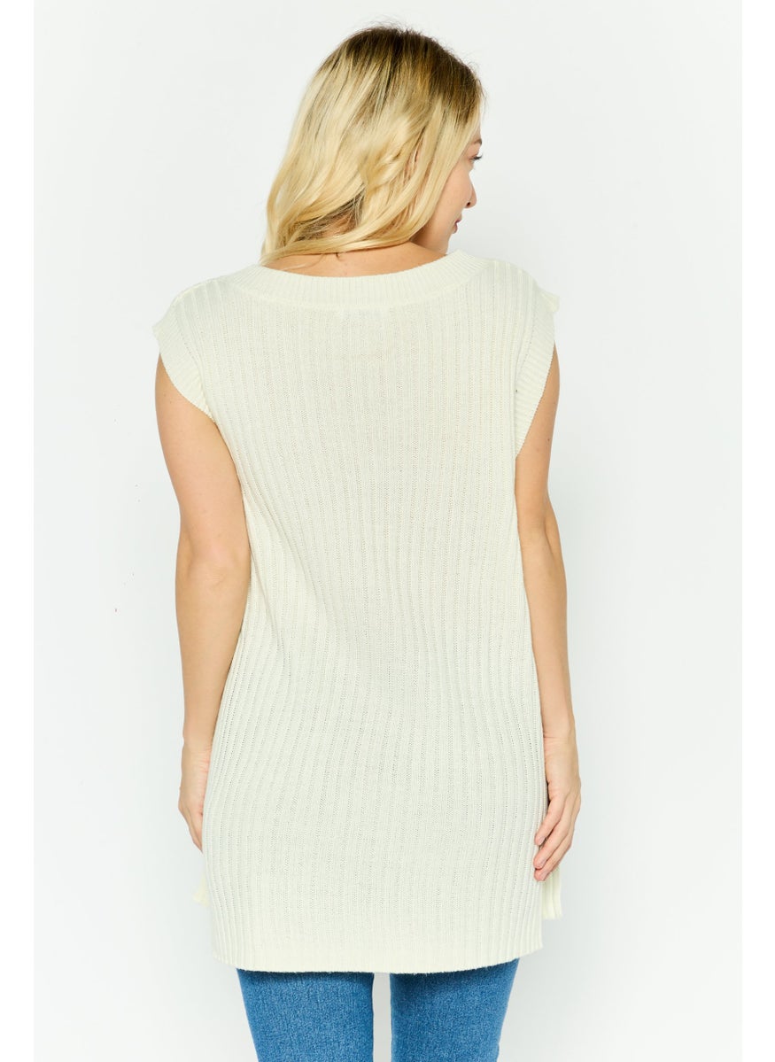 Women V-Neck Textured Sweater Vest, Beige
