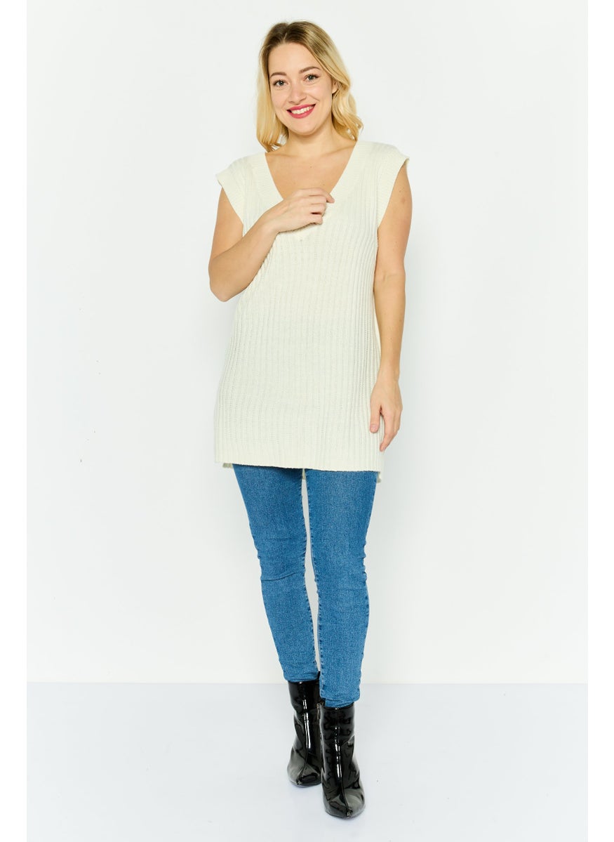Women V-Neck Textured Sweater Vest, Beige