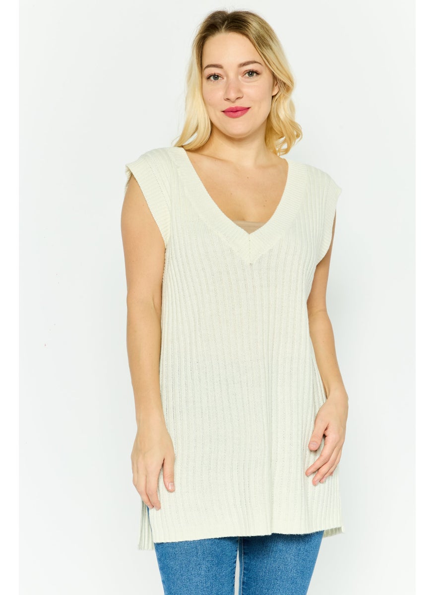 Women V-Neck Textured Sweater Vest, Beige