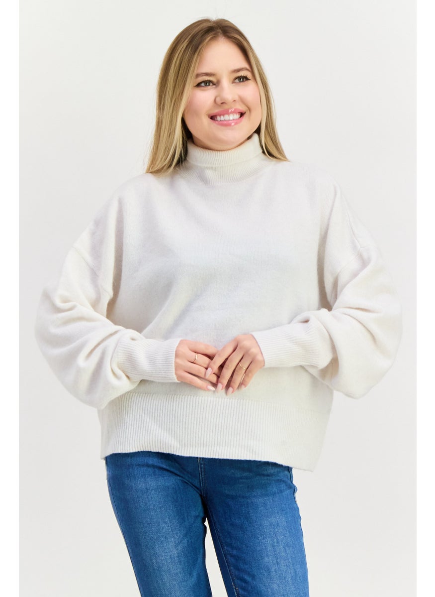 Women Turtle Neck Solid Sweater, White