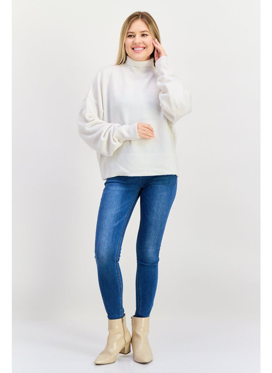 Women Turtle Neck Solid Sweater, White