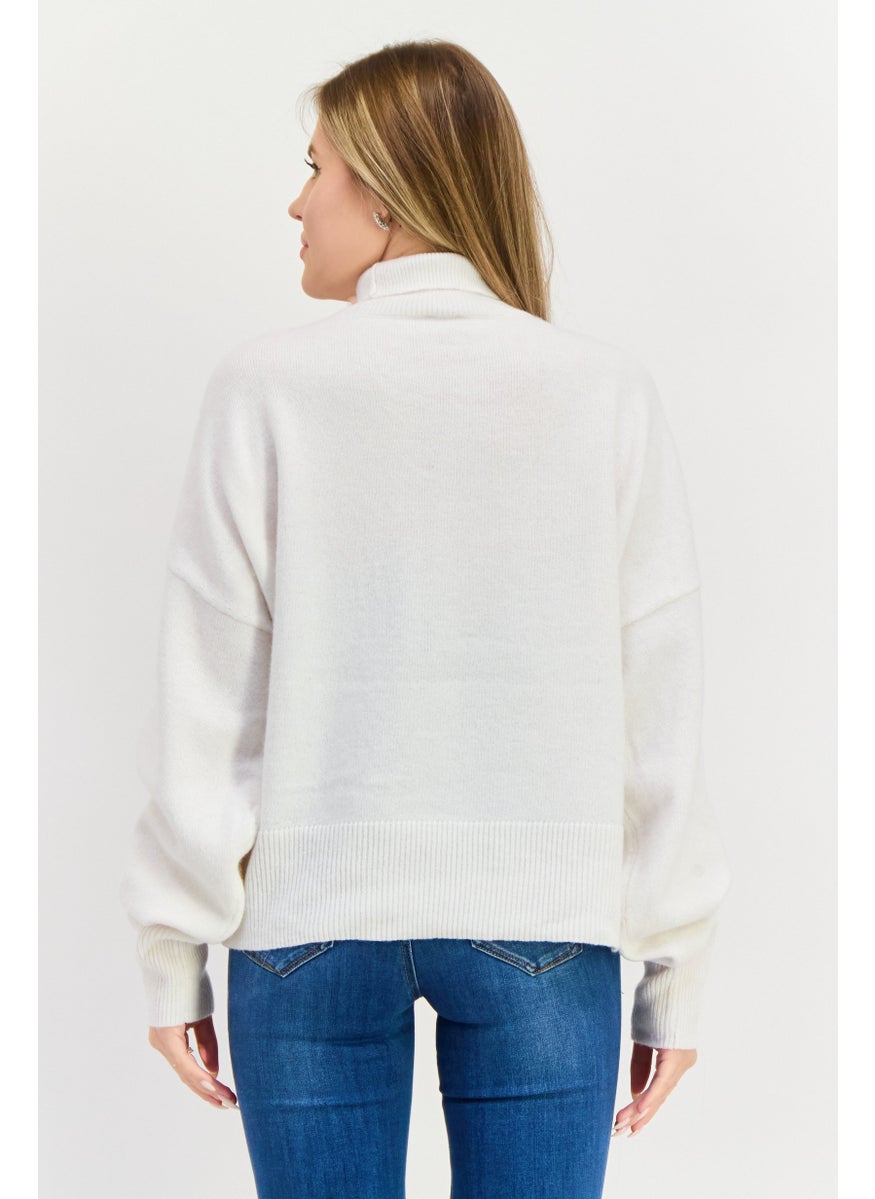 Women Turtle Neck Solid Sweater, White