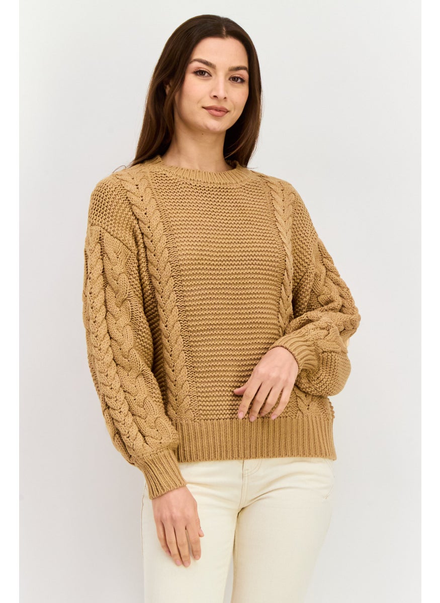 Women Crew Neck Textured Sweater, Tan