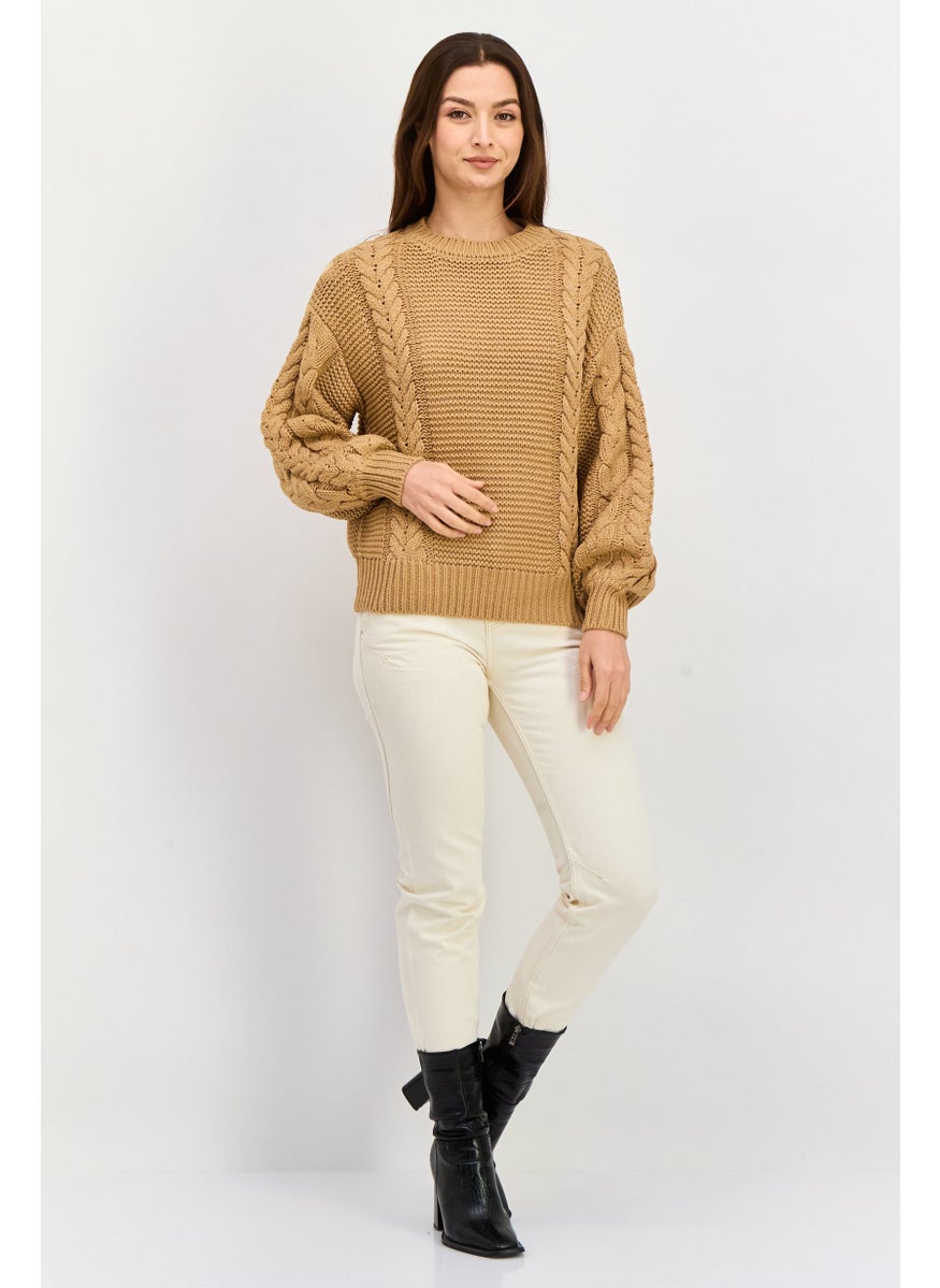 Women Crew Neck Textured Sweater, Tan