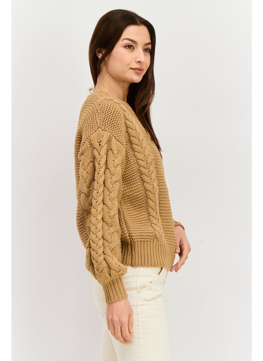 Women Crew Neck Textured Sweater, Tan