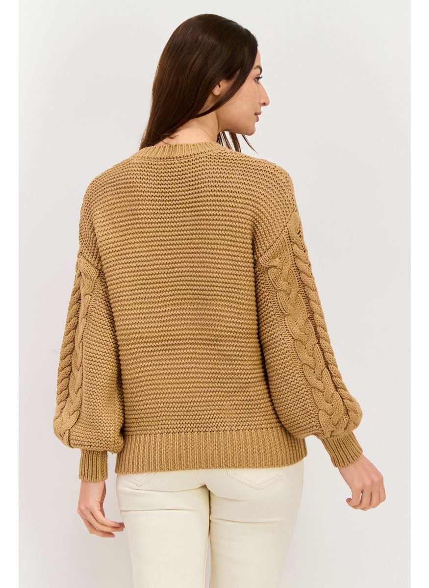 Women Crew Neck Textured Sweater, Tan