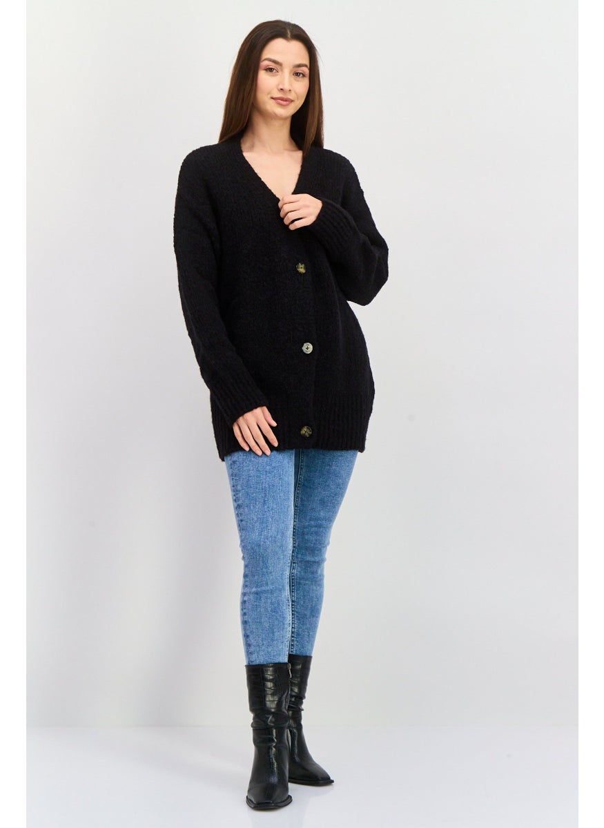 Women Knitted Button Detail Cardigan, Black