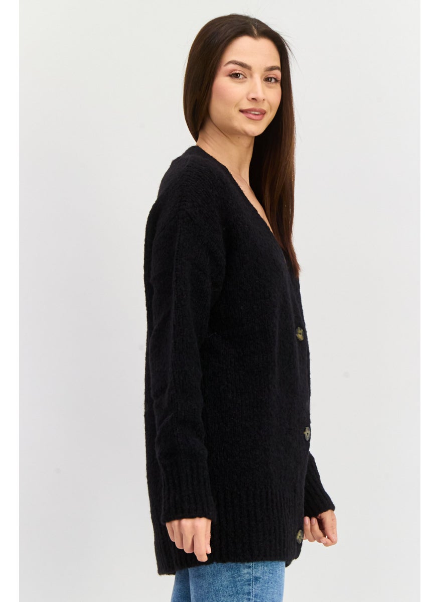 Women Knitted Button Detail Cardigan, Black