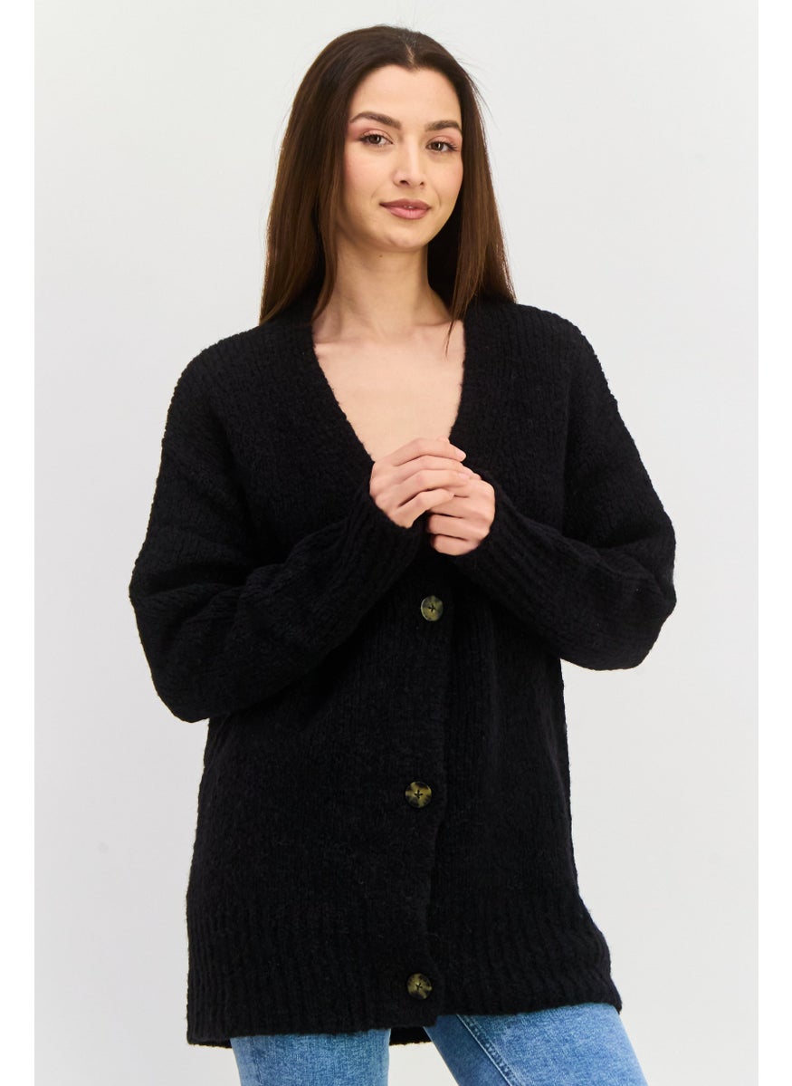 Women Knitted Button Detail Cardigan, Black