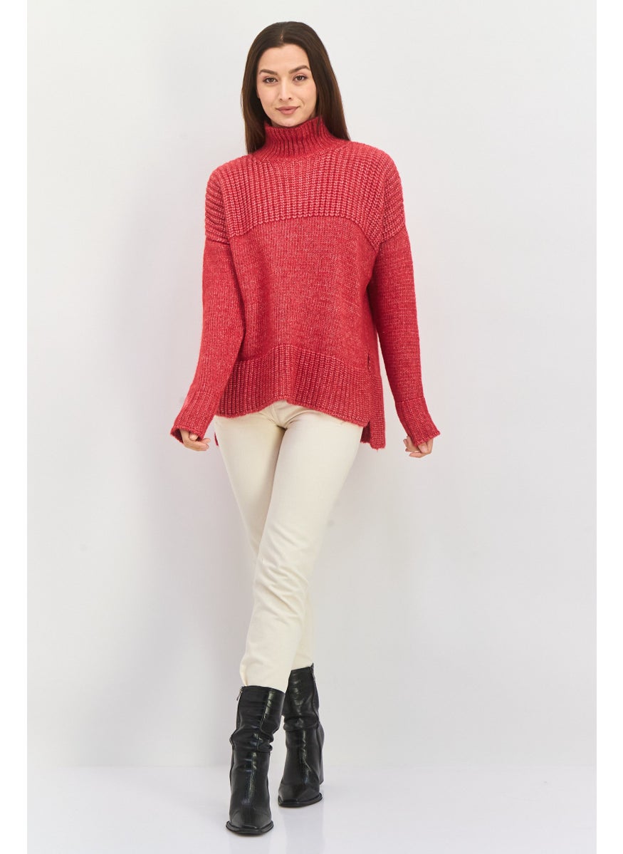 Women Mock Neck Textured Sweater, Red
