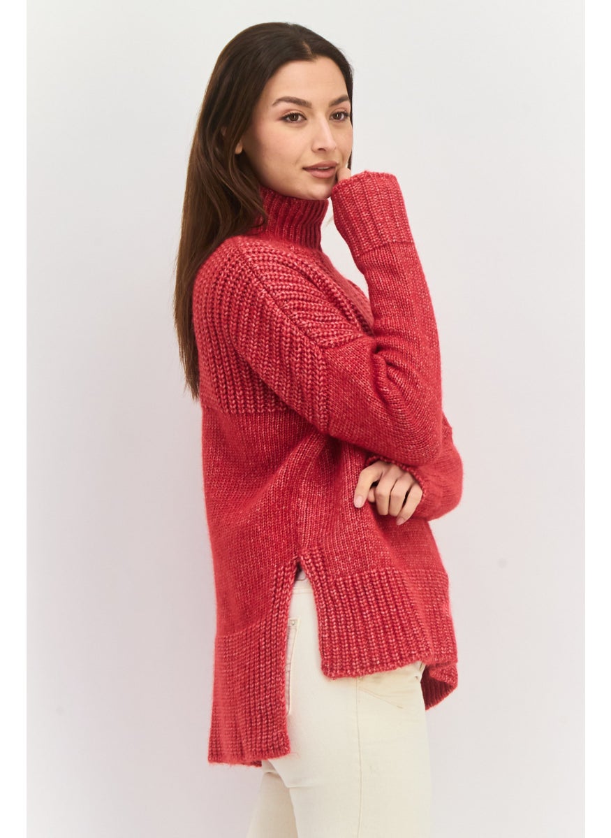 Women Mock Neck Textured Sweater, Red