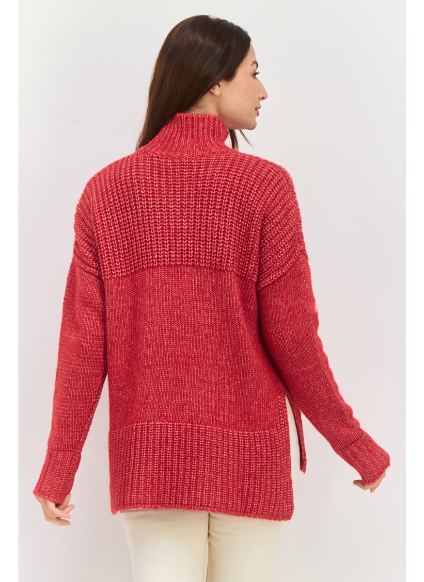 Women Mock Neck Textured Sweater, Red