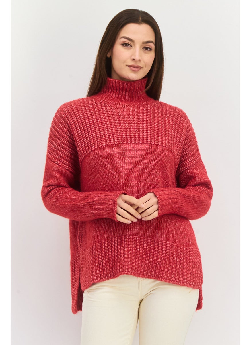 Women Mock Neck Textured Sweater, Red