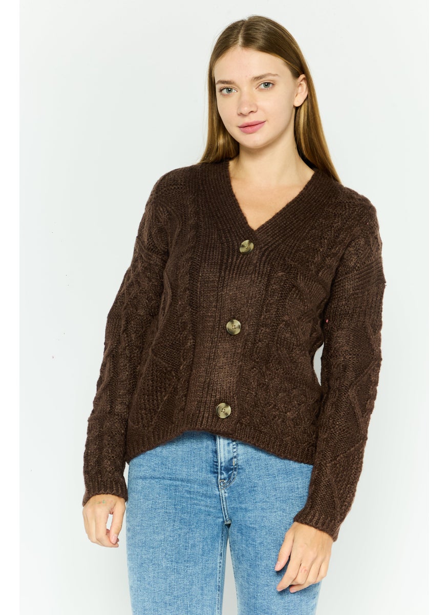 Women V-Neck Crochet Cardigan, Brown