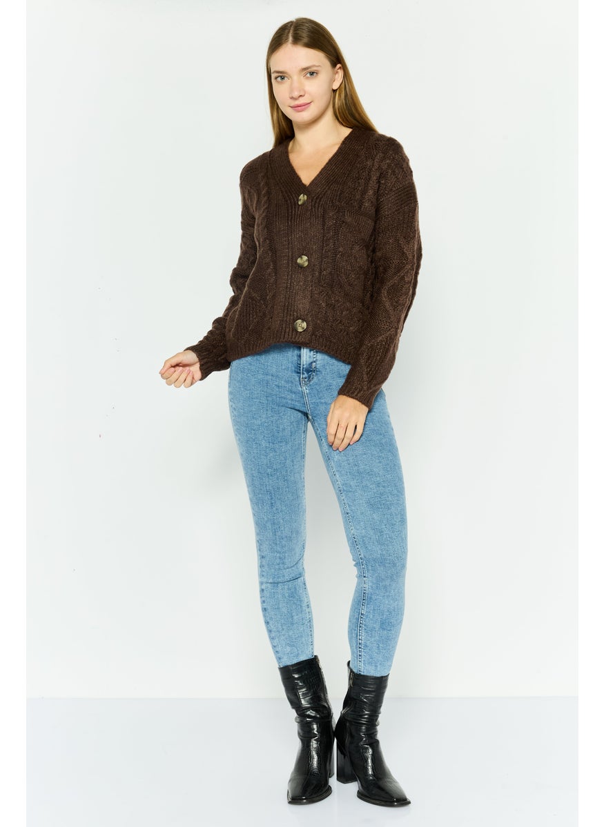 Women V-Neck Crochet Cardigan, Brown