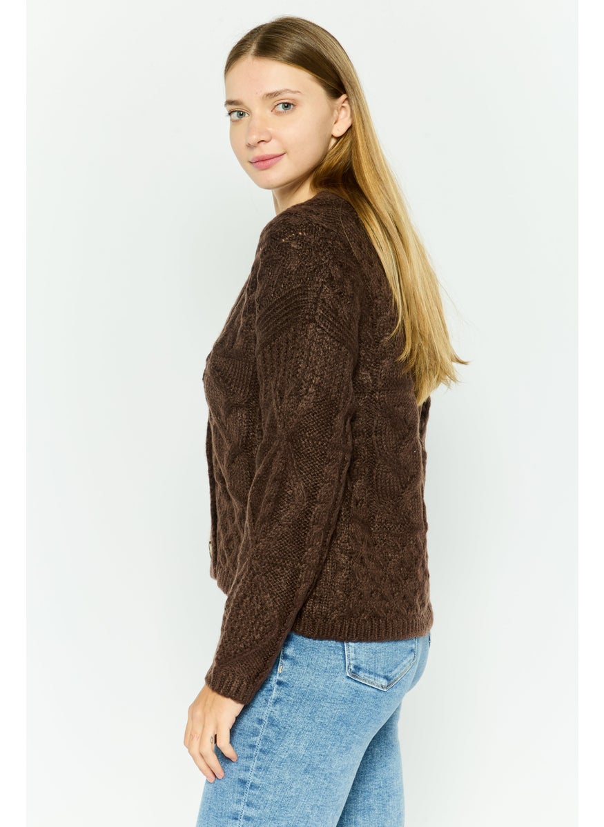 Women V-Neck Crochet Cardigan, Brown