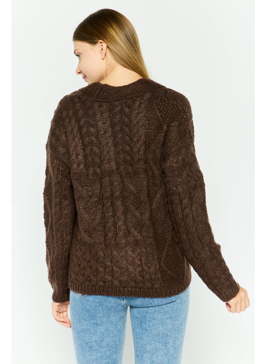 Women V-Neck Crochet Cardigan, Brown