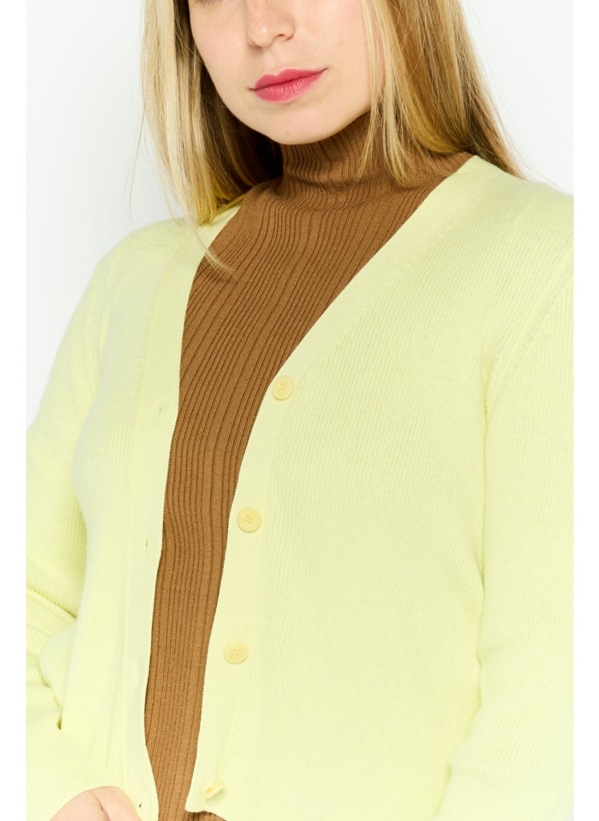 Women V-Neck Knitted Long Sleeves Cardigan, Yellow