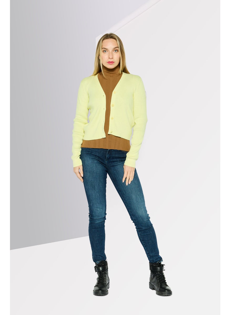 Women V-Neck Knitted Long Sleeves Cardigan, Yellow