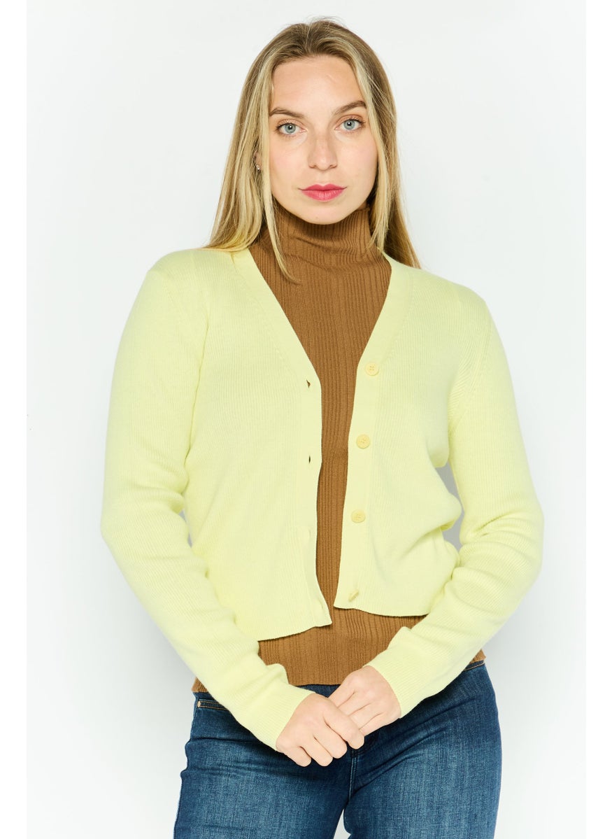 Women V-Neck Knitted Long Sleeves Cardigan, Yellow