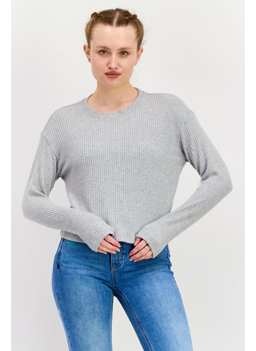Women Crew Neck Knitted Long Sleeves Sweater, Grey