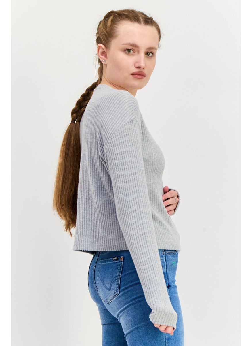 Women Crew Neck Knitted Long Sleeves Sweater, Grey