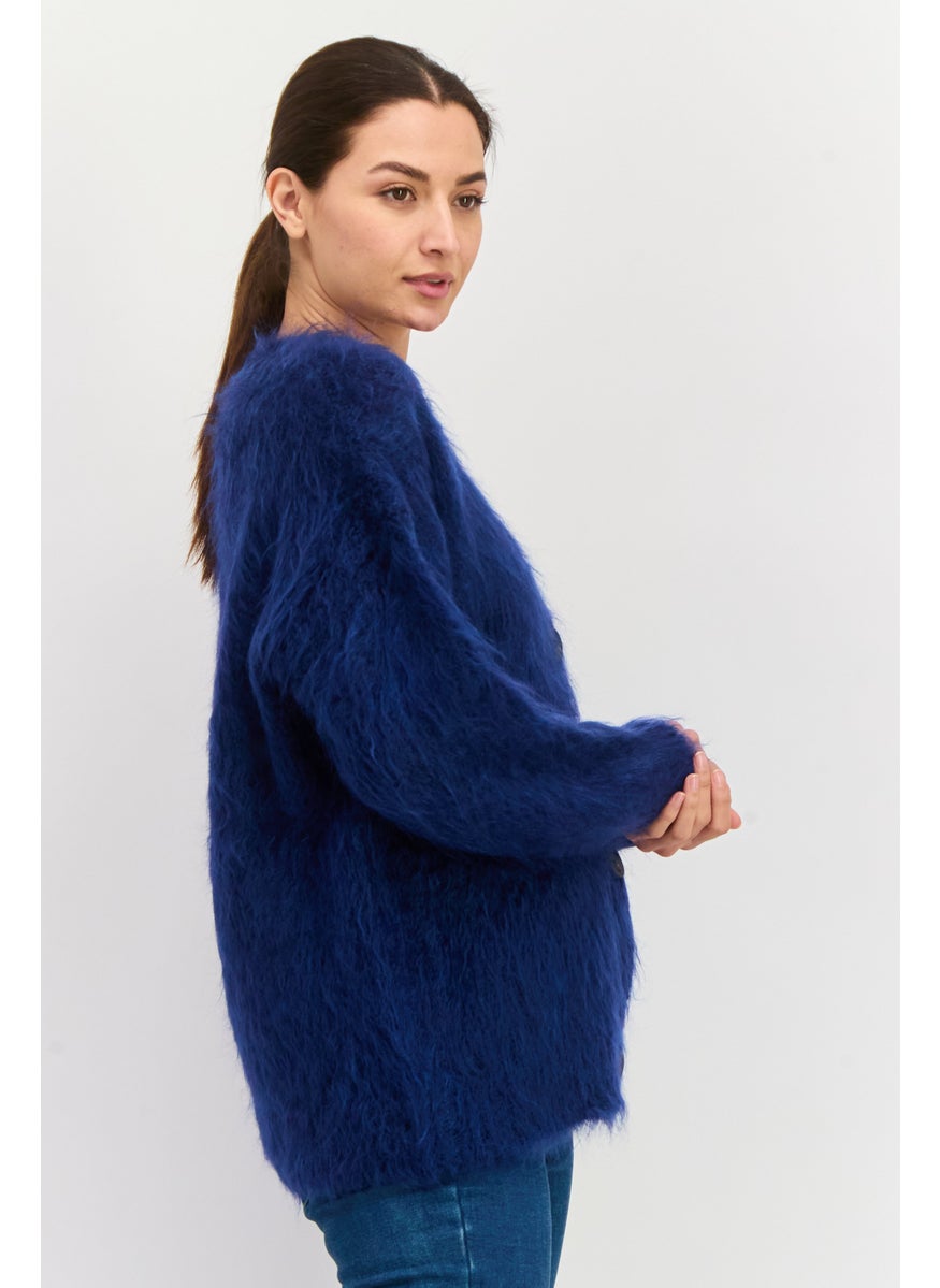 Women Knitted Button Detail Cardigan, Dark Navy