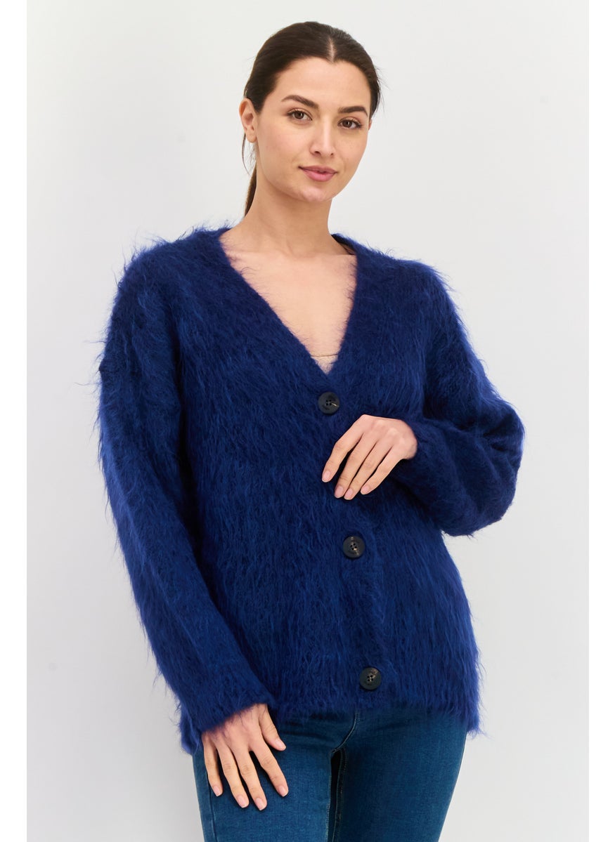 Women Knitted Button Detail Cardigan, Dark Navy