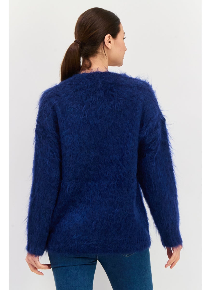 Women Knitted Button Detail Cardigan, Dark Navy