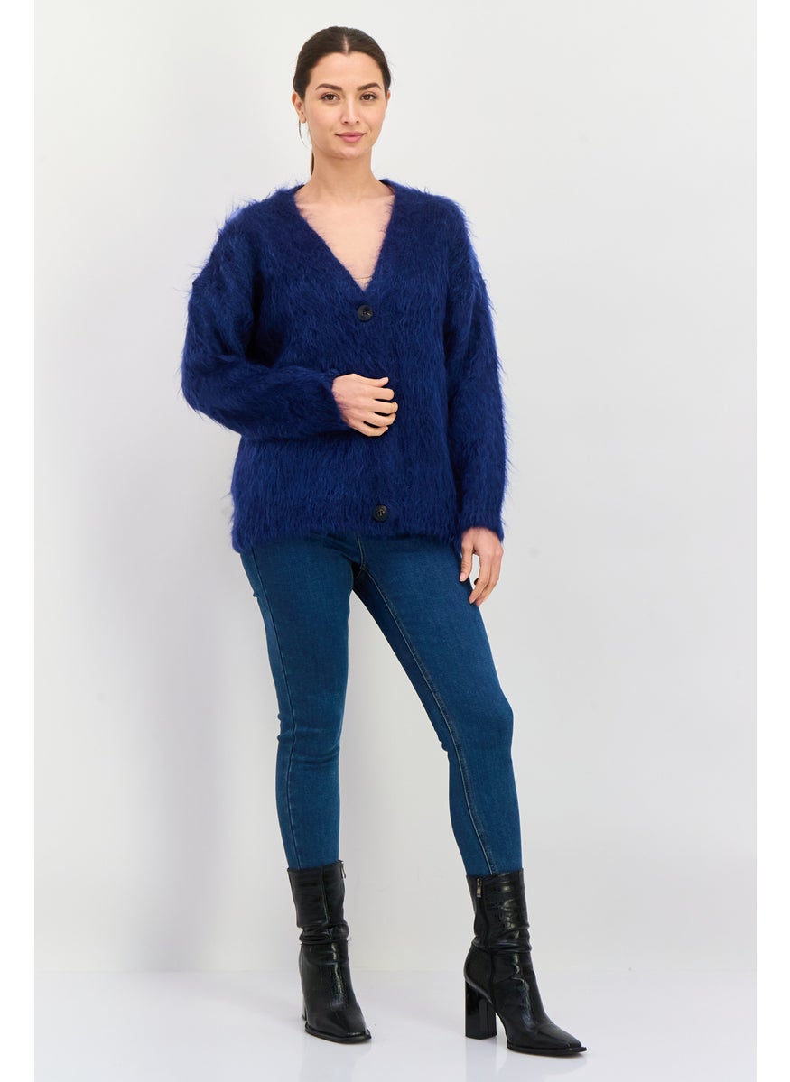 Women Knitted Button Detail Cardigan, Dark Navy